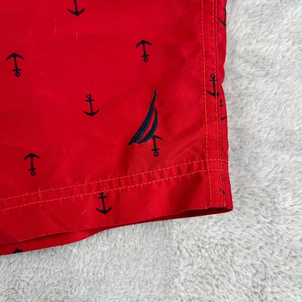 Nautica Anchor Print Swim Trunks L Red Men Nautical Beach Board Shorts